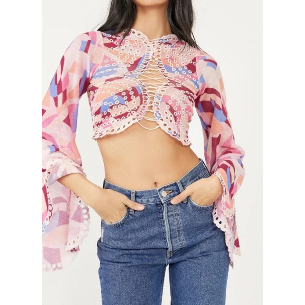 NEW Free People Eyes On You Lace Up Mesh Crop Top Bell Sleeve S Festival Fairy